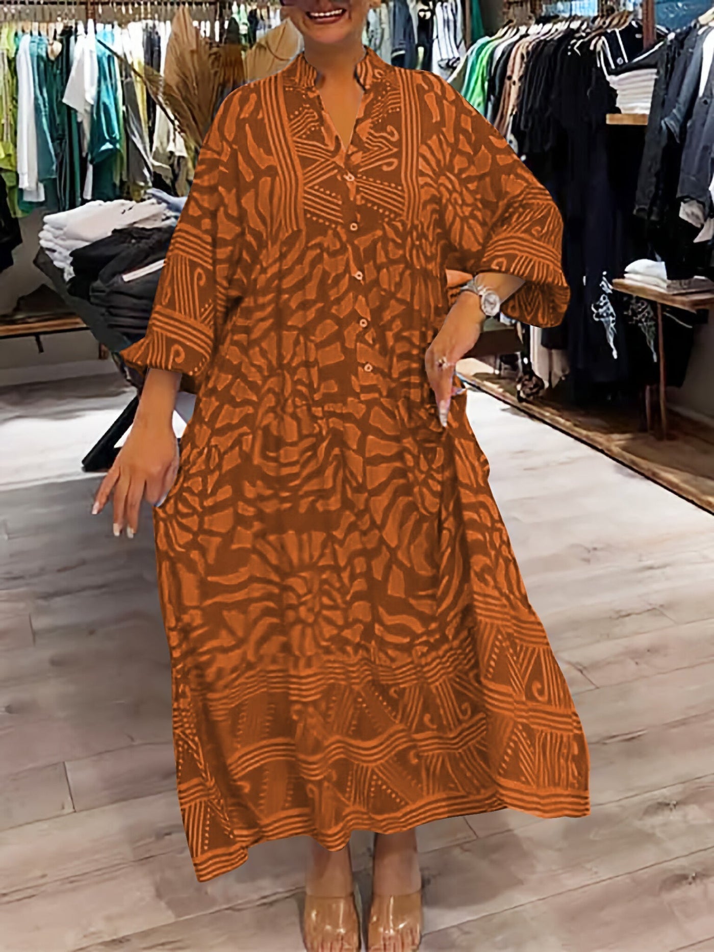 Lockeres Bedrucktes Kleid mit Knöpfen für Damen