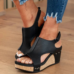 Offene Zehen Keil Leder Sandalen für Damen in Schwarz