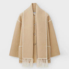 Viona | Bequeme Wollumhangjacke in Khaki-Weiß