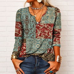 Katharina - Langarm-Boho-Bluse mit V-Ausschnitt in Weinrot