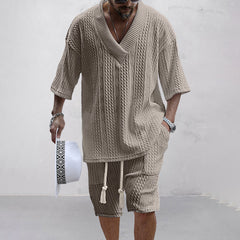 V-Ausschnitt Strick Shirt und Shorts Set für Herren in Khaki