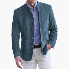 Klassische Herrenjacke mit Stehkragen und Knopfleiste in Blau