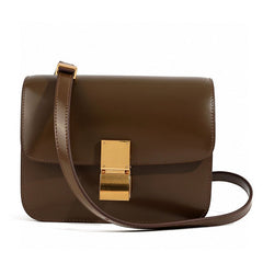 Klassische Damen-Schultertasche mit Überschlag aus echtem Leder in Taupe
