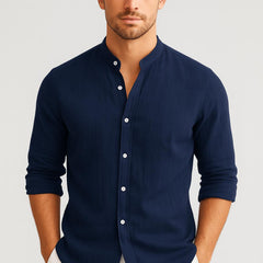 Samuel | Herren Legeres Mandarinkragen Leinenhemd in Marineblau