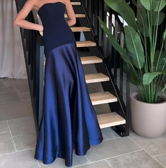 Anastasie | Sexy Luxus Patchwork Trägerloses Maxikleid in Blau