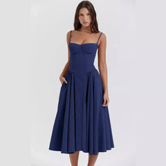 Laura- Elegantes Midi Abendkleid mit Plisseesaum in Dunkelblau