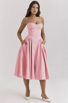 Laura- Elegantes Midi Abendkleid mit Plisseesaum in Rosa