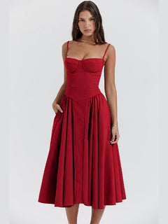 Laura- Elegantes Midi Abendkleid mit Plisseesaum in Rot