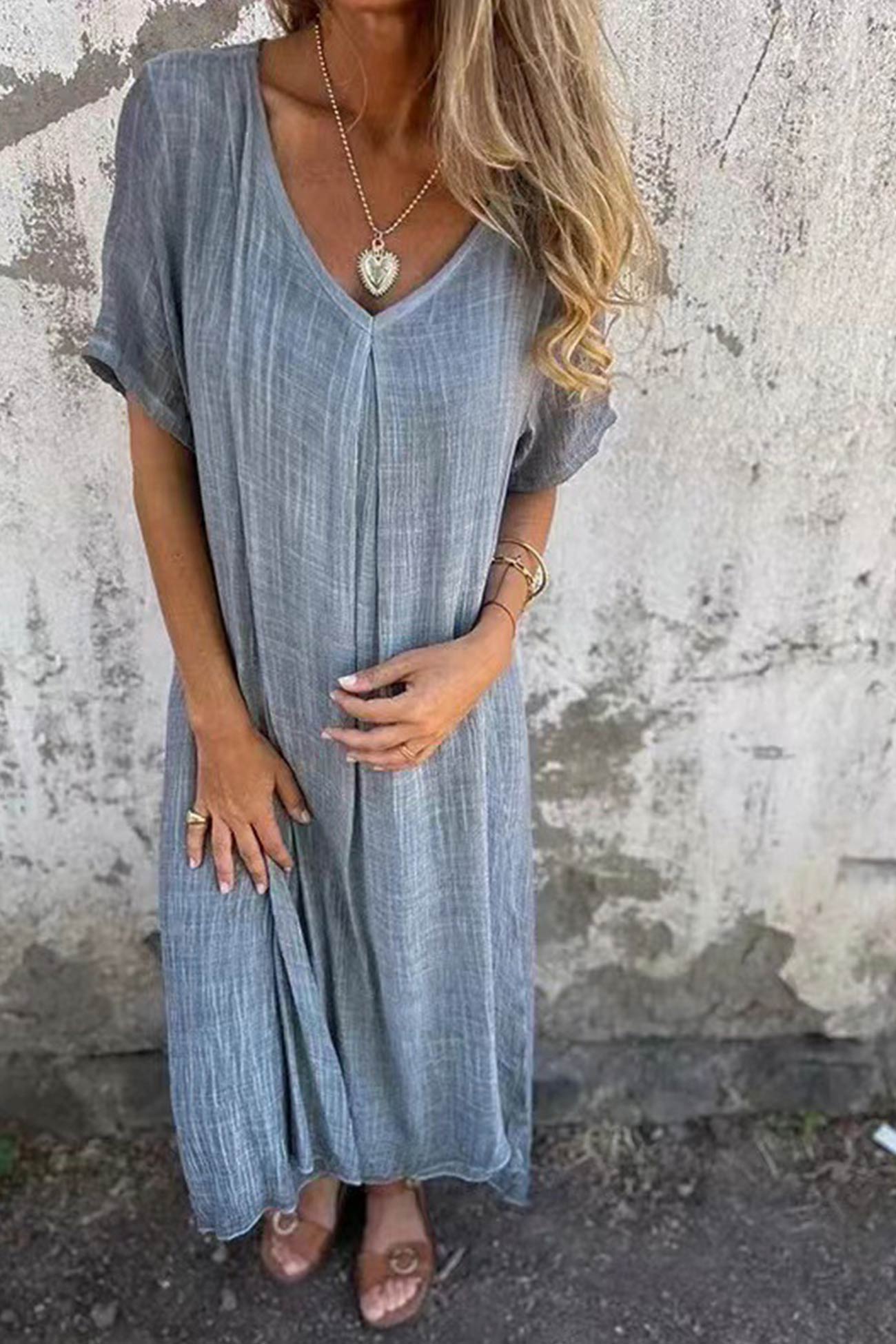 Nadine- Leinen V-ausschnitt Midi Kleid