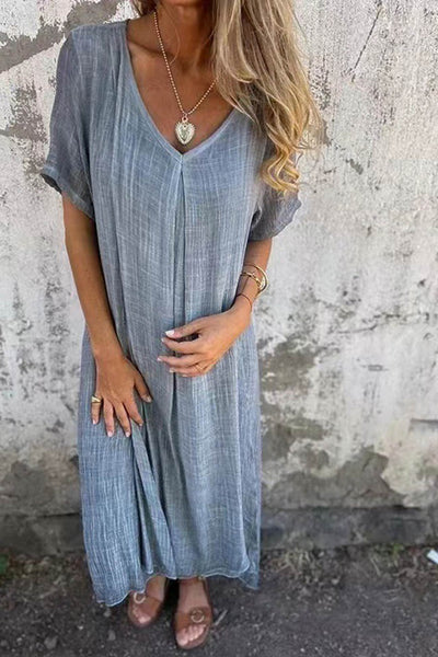 Nadine- Leinen V-ausschnitt Midi Kleid