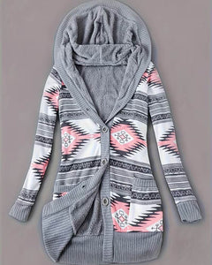 Emma | Gemusterte Kapuzen-Strickjacke für Damen in Grau Rosa