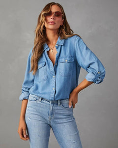 Damen Oversized Brusttaschen Denim Bluse in Blau