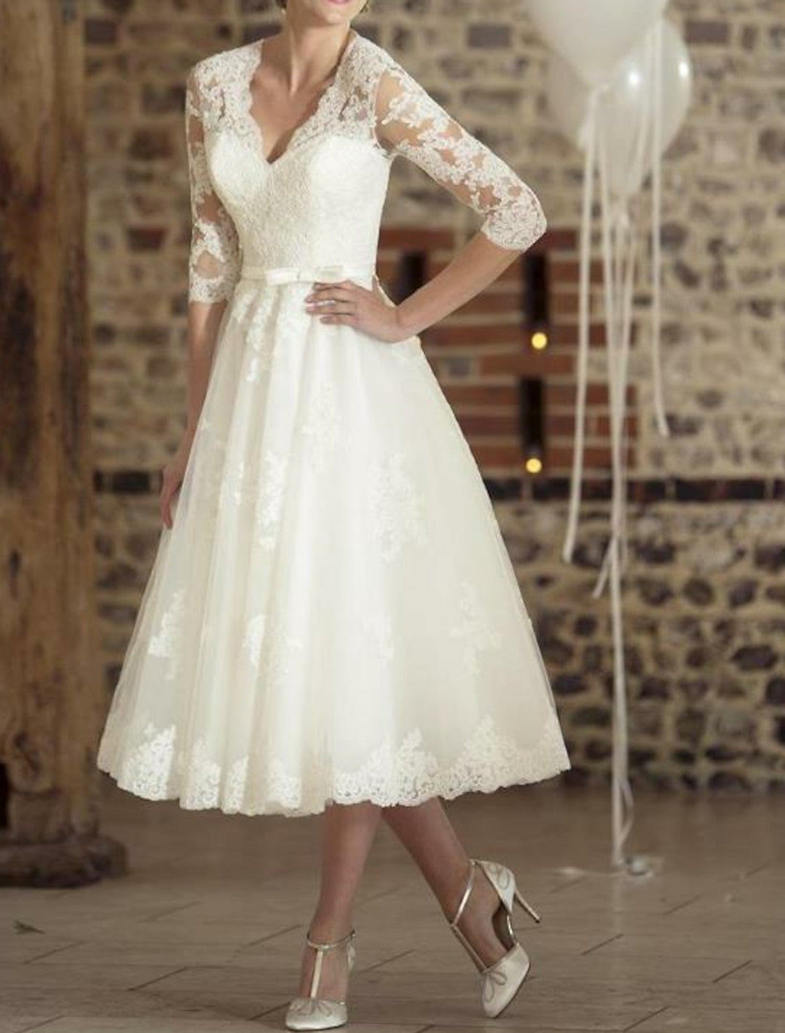 Damen Jahrgang 3/4 Ärmel Brautkleid | Midi