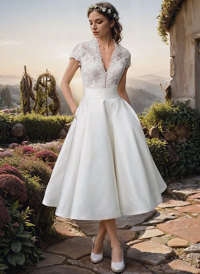 Damen Elegante V-Ausschnitt Brautkleid | Midi