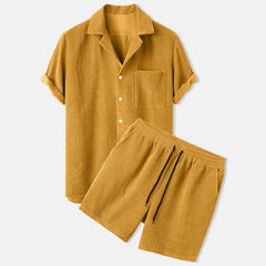 Cayson - Herren Cord-Shorts und Hemd Set in Gelb
