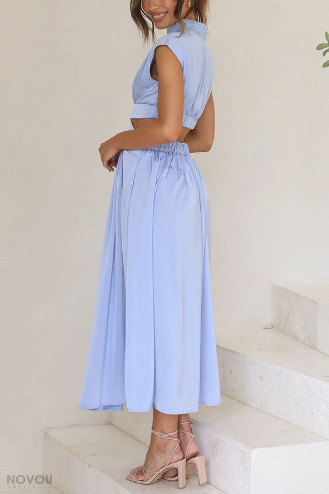 Marianne- Elegantes Sommer Midikleid mit Rollkragen und Taillenausschnitt