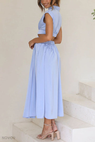Marianne- Elegantes Sommer Midikleid mit Rollkragen und Taillenausschnitt