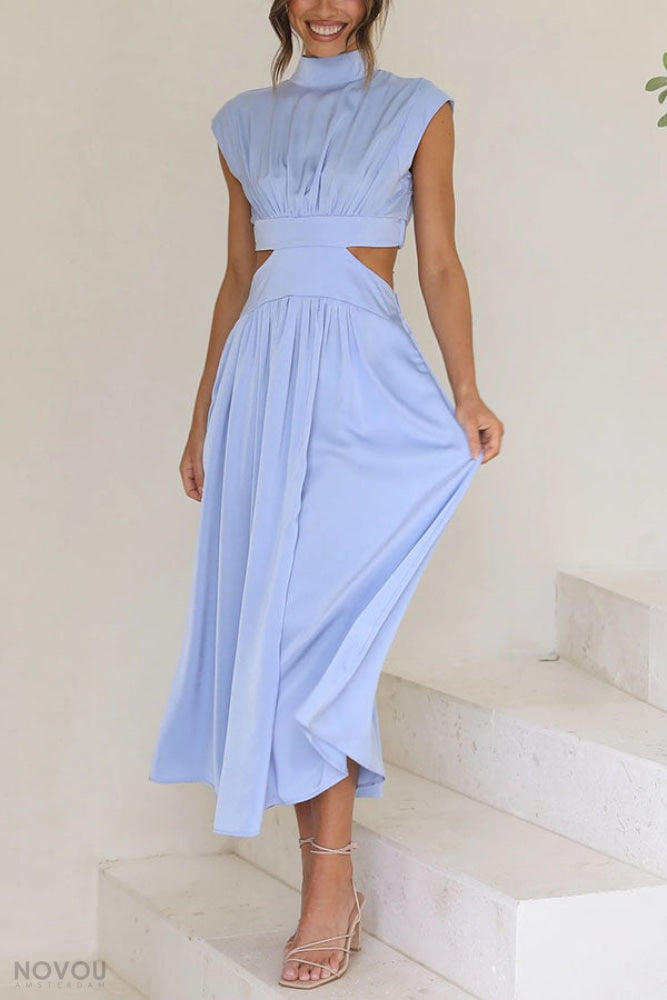 Marianne- Elegantes Sommer Midikleid mit Rollkragen und Taillenausschnitt