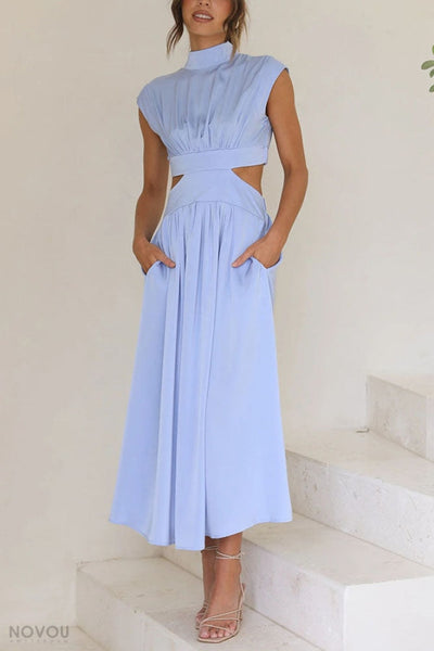 Marianne- Elegantes Sommer Midikleid mit Rollkragen und Taillenausschnitt