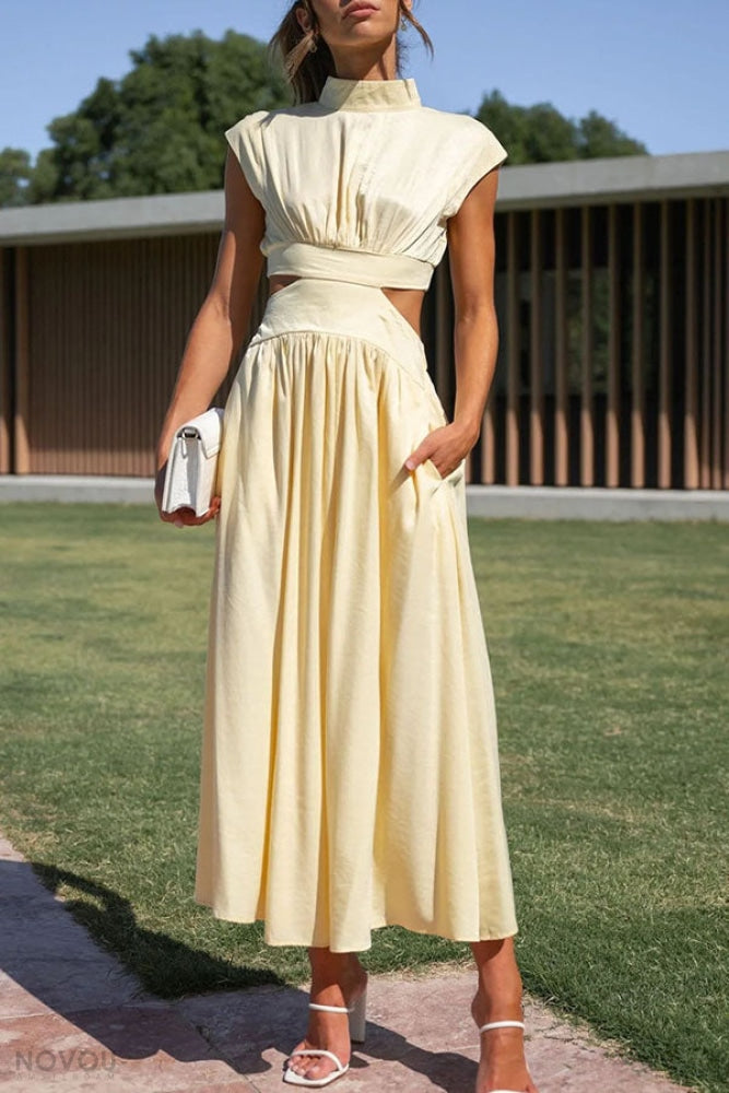 Marianne- Elegantes Sommer Midikleid mit Rollkragen und Taillenausschnitt