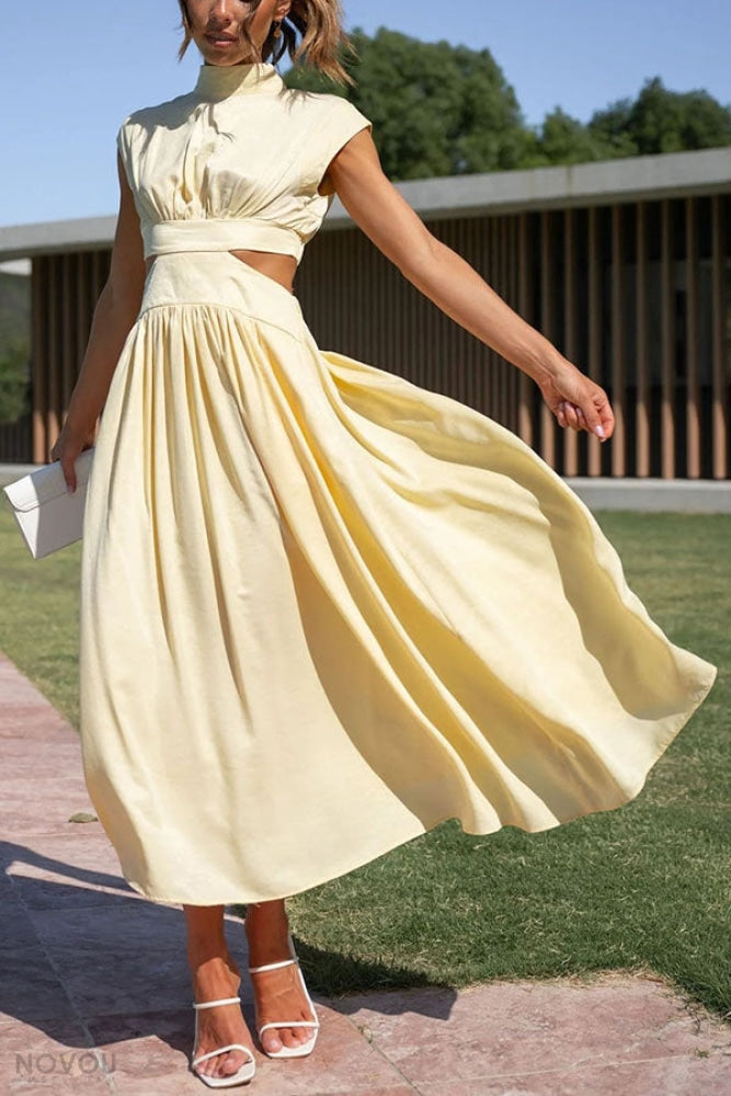 Marianne- Elegantes Sommer Midikleid mit Rollkragen und Taillenausschnitt