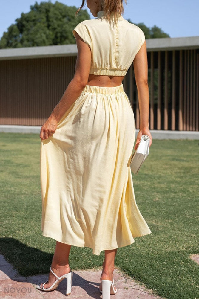 Marianne- Elegantes Sommer Midikleid mit Rollkragen und Taillenausschnitt