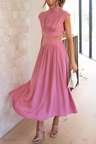 Marianne- Elegantes Sommer Midikleid mit Rollkragen und Taillenausschnitt