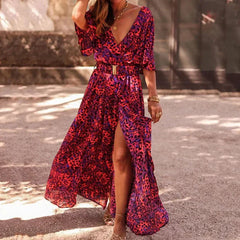 Vina - Stylisches bedrucktes Maxikleid mit Schlitz in Rot