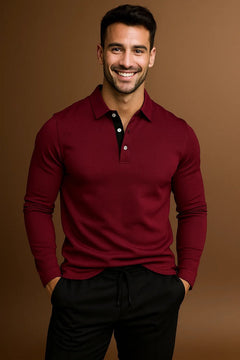 Spencer | Langarm Gerippte Bündchen Poloshirt in Wine Rot