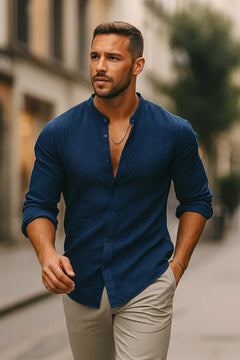 Jarle | Herren Leinen Langarmhemd in Blau