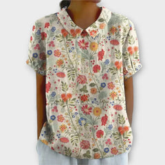 Michelle | Florale Eleganz Sommer Kurzarmbluse in Beige