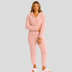 Mirella | Flauschiger Kapuzen-Schlafanzug mit Reißverschluss in Rosa