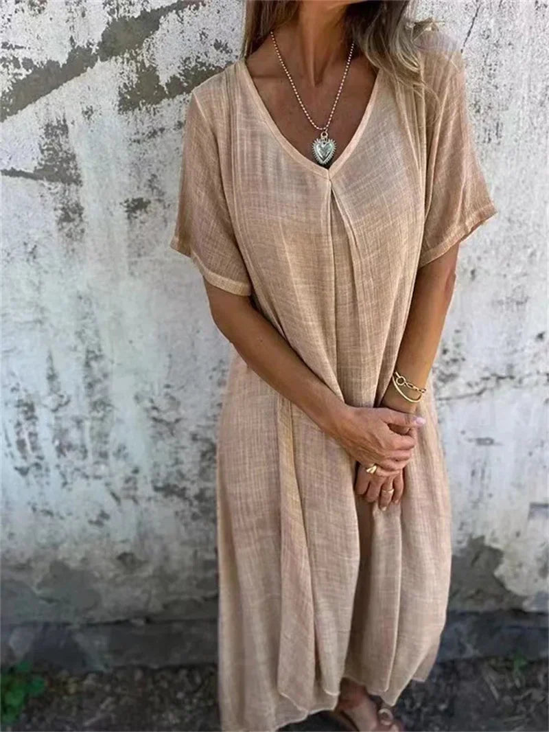 Nadine- Leinen V-ausschnitt Midi Kleid