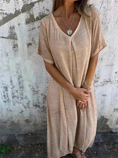 Nadine- Leinen V-ausschnitt Midi Kleid