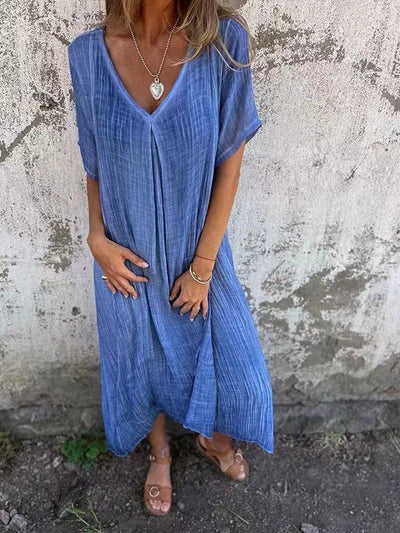 Nadine- Leinen V-ausschnitt Midi Kleid