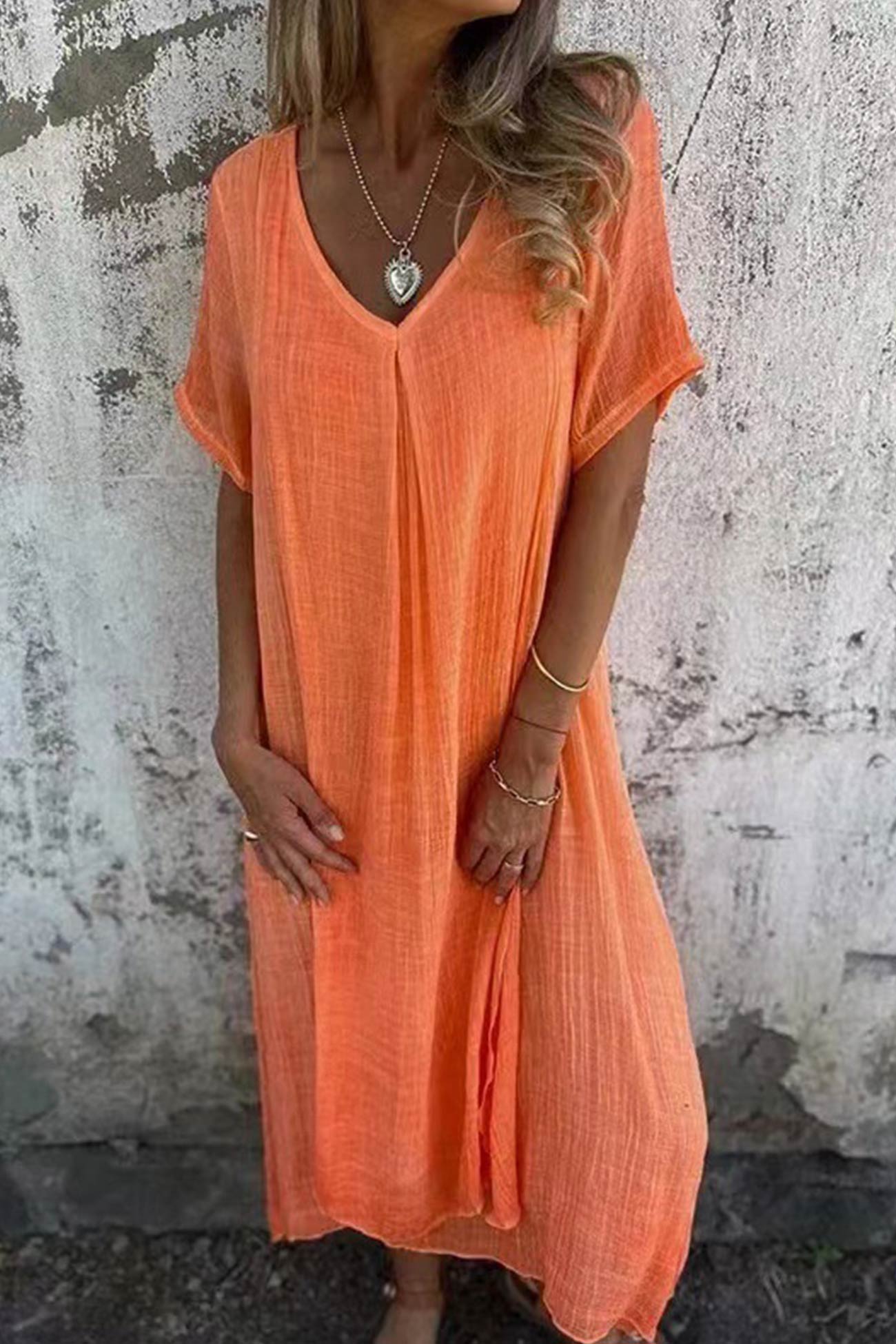Nadine- Leinen V-ausschnitt Midi Kleid