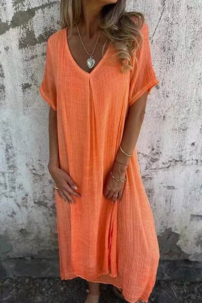 Nadine- Leinen V-ausschnitt Midi Kleid