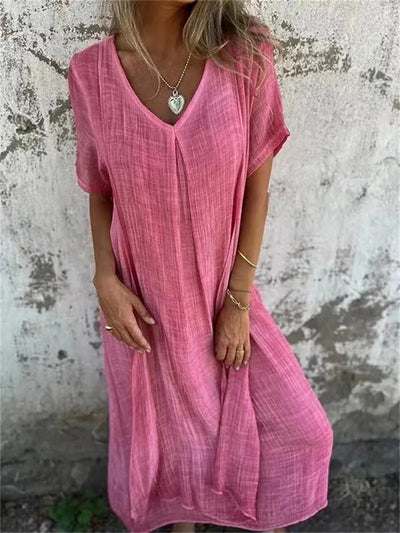 Nadine- Leinen V-ausschnitt Midi Kleid