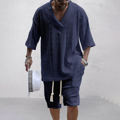 V-Ausschnitt Strick Shirt und Shorts Set für Herren in Marineblau