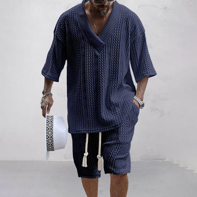 V-Ausschnitt Strick Shirt und Shorts Set für Herren