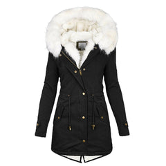 Winterjacke Damen Mit Kapuze | Lang Geschnitten Mit Taschen in Schwarz