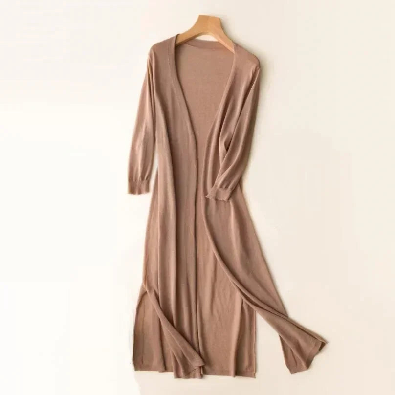 Leichter Langer Strickjacke für Damen | Offene Vorderseite