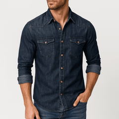 Alexander | Herren Klassischer Hemdkragen Jeanshemd in Dunkelblau