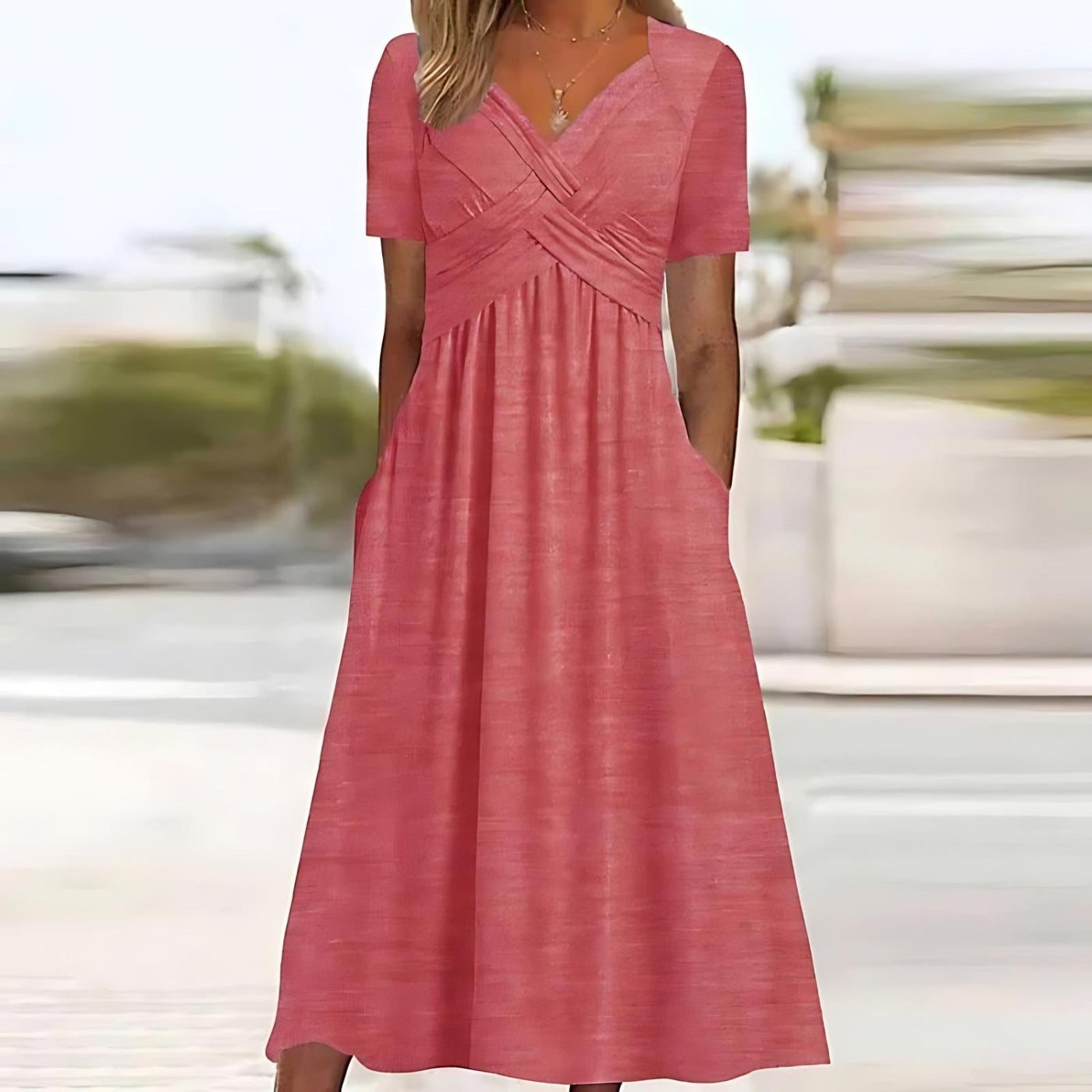 Kurzarm-V-Ausschnitt Midikleid für Damen
