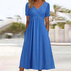 Kurzarm-V-Ausschnitt Midikleid für Damen in Blau