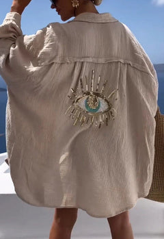 Dakota - Übergroße Bluse - Paillettenbesetzter Rücken Ösenmuster in Beige