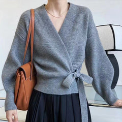 Leighanne - Strickpullover - Wickel-Stil in Grau