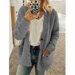 Teddy Damen Fleecejacke Mit Kapuze | Flauschiger Wintermantel in Dunkelgrau