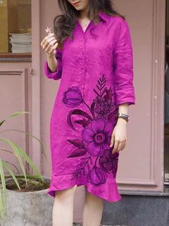 Damen Hemdblusenkleid mit floralen Motiven und tailliertem Schnitt in Magenta