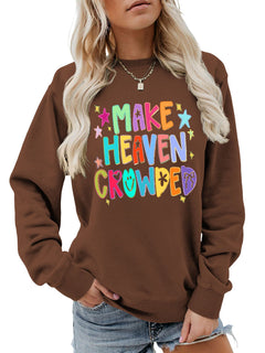 Damen Sweatshirt mit buntem Motiv und verspieltem Schriftzug in Braun